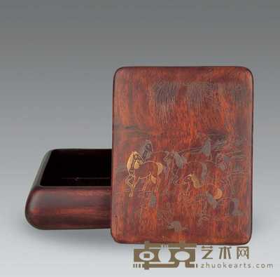清 红木嵌金银丝八骏盒 12.5×10cm